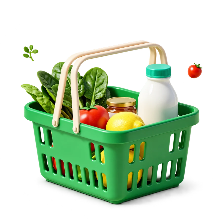 A green grocery basket filled with fresh vegetables and pantry essentials